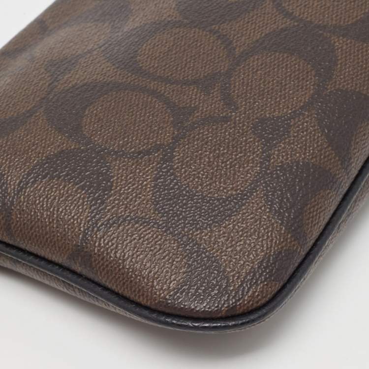 Pre Owned Coach Brown Signature Coated Canvas Zip Wristlet Wallet