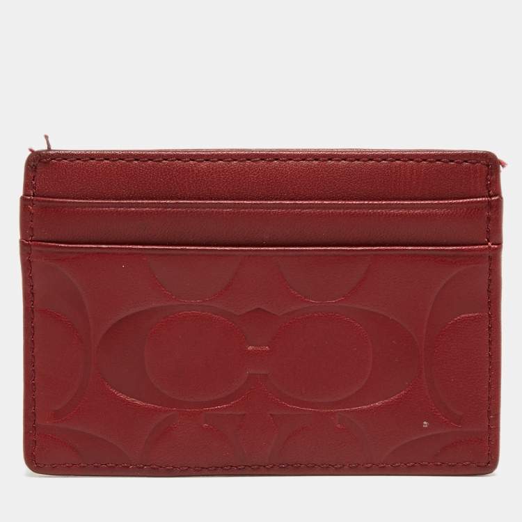 Pre Owned Coach Red Logo Embossed Leather Card Holder