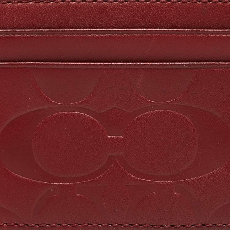 Pre Owned Coach Red Logo Embossed Leather Card Holder