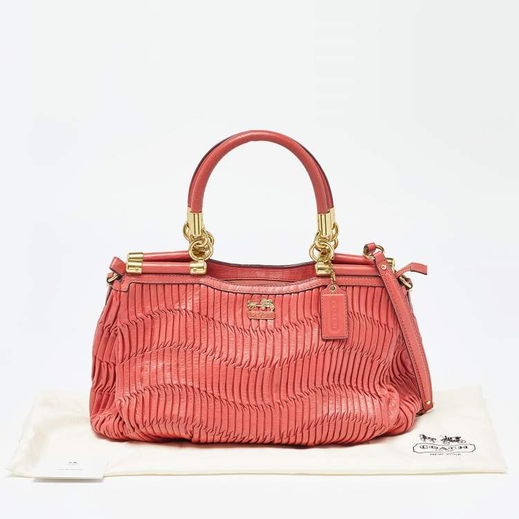 Pre Owned Coach Coral Orange Leather Carrie Madison Gathered Tote