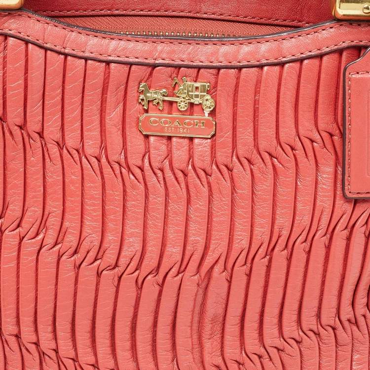 Pre Owned Coach Coral Orange Leather Carrie Madison Gathered Tote