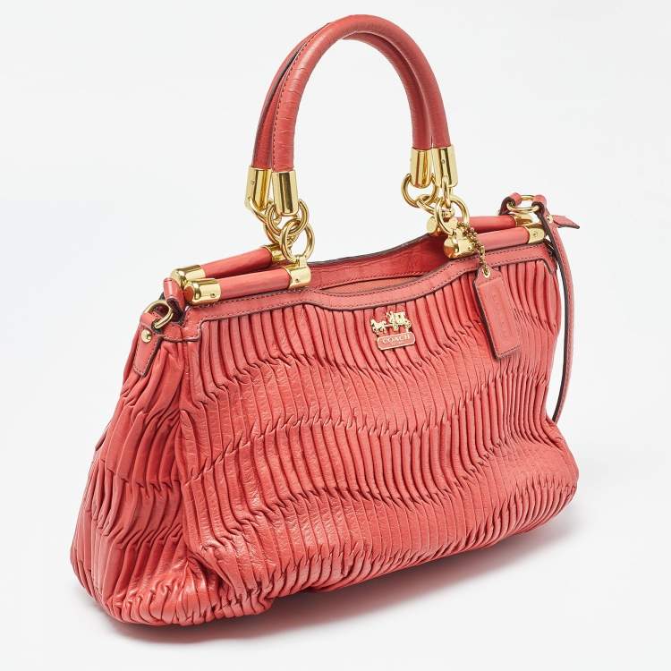Pre Owned Coach Coral Orange Leather Carrie Madison Gathered Tote