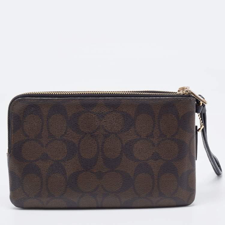 Pre Owned Coach Brown Signature Coated Canvas Double Zip Wristlet