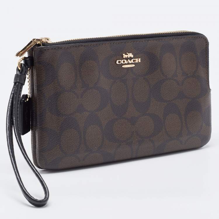 Pre Owned Coach Brown Signature Coated Canvas Double Zip Wristlet