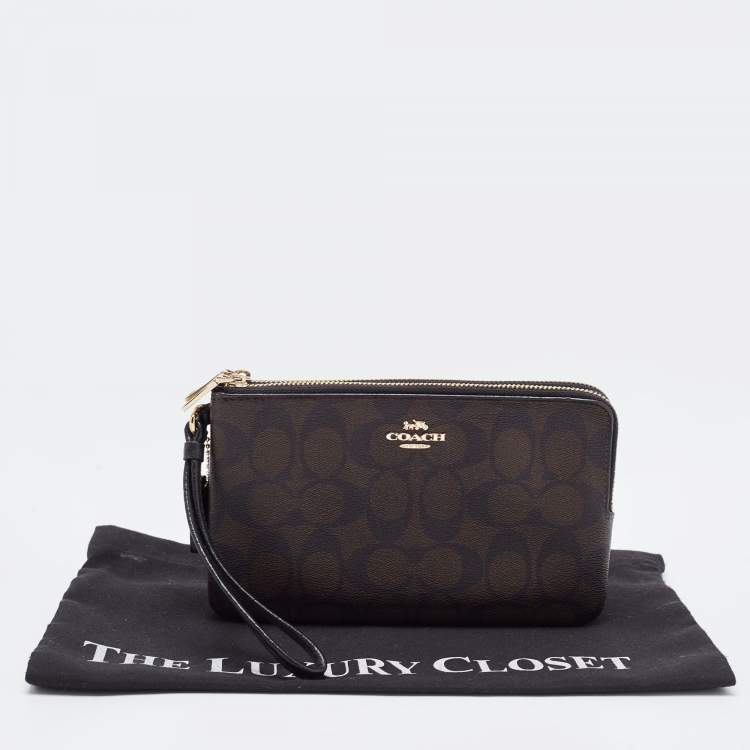 Pre Owned Coach Brown Signature Coated Canvas Double Zip Wristlet