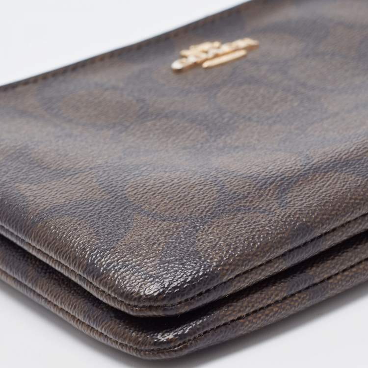 Pre Owned Coach Brown Signature Coated Canvas Double Zip Wristlet