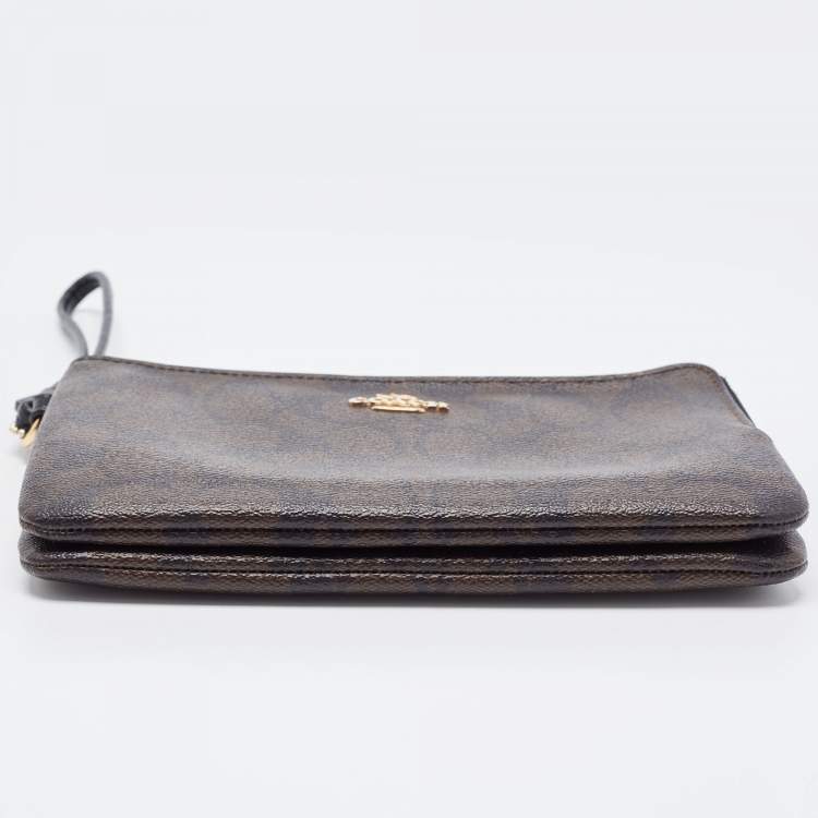 Pre Owned Coach Brown Signature Coated Canvas Double Zip Wristlet