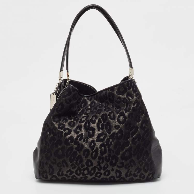 Pre Owned Coach Black Leopard Print Fabric and Leather Edie 31 Satchel