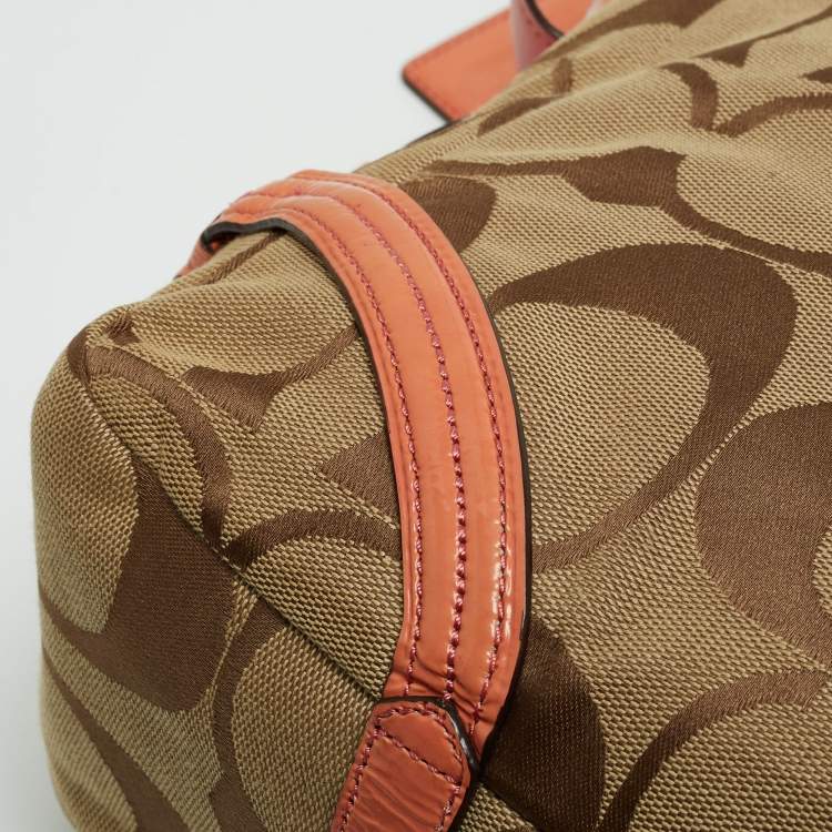 Pre Owned Coach Beige/Orange Signature Canvas and Patent Leather Katarina Hobo