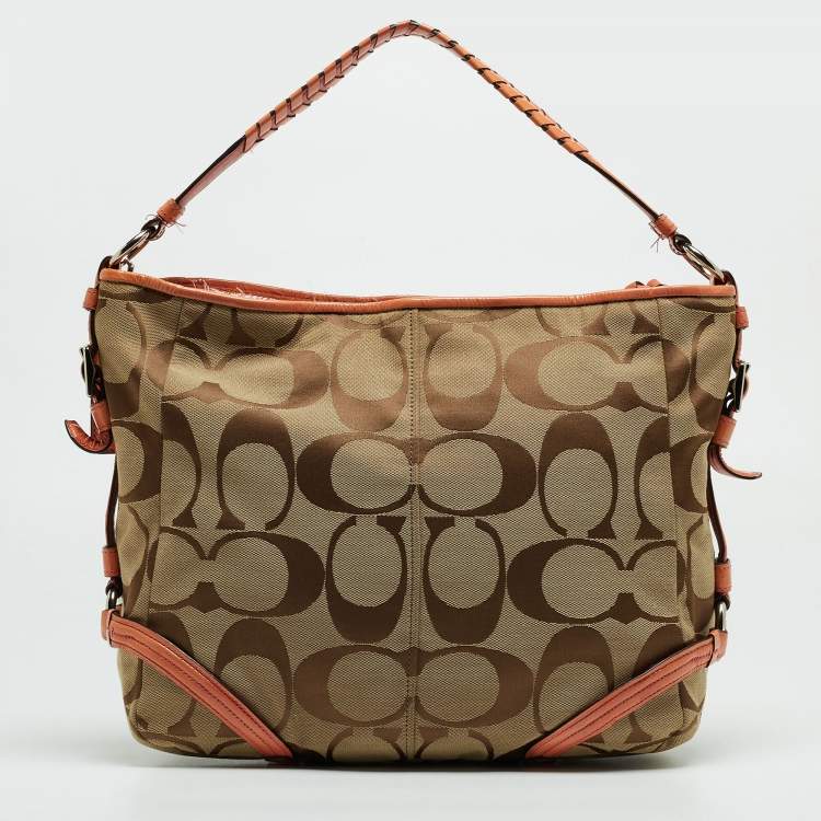Pre Owned Coach Beige/Orange Signature Canvas and Patent Leather Katarina Hobo