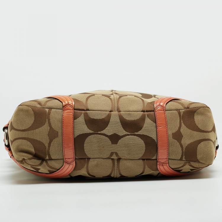 Pre Owned Coach Beige/Orange Signature Canvas and Patent Leather Katarina Hobo