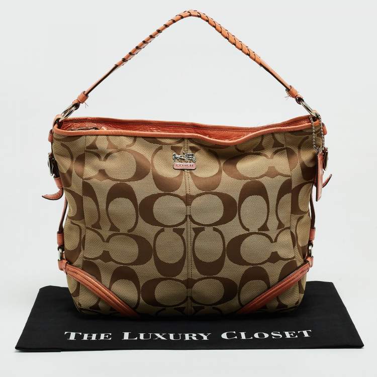 Pre Owned Coach Beige/Orange Signature Canvas and Patent Leather Katarina Hobo