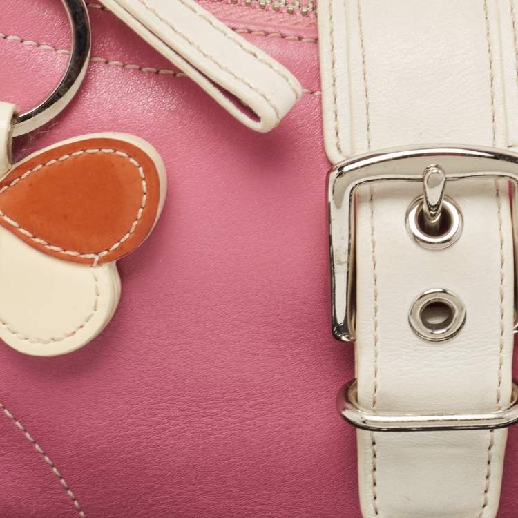 Pre Owned Coach Pink/White Leather Hampton Buckle Baguette Bag