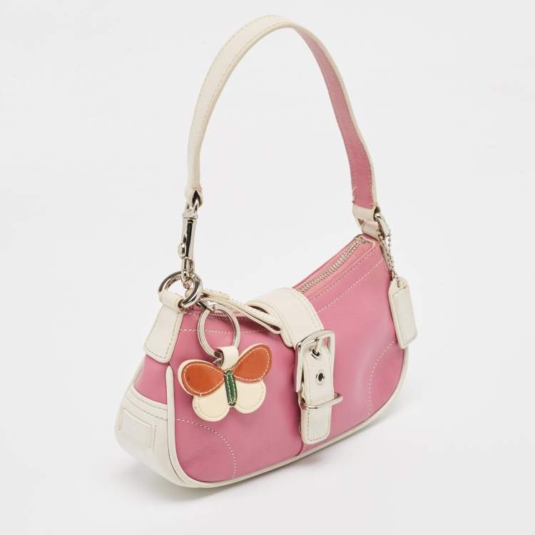 Pre Owned Coach Pink/White Leather Hampton Buckle Baguette Bag