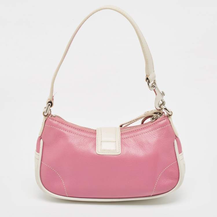 Pre Owned Coach Pink/White Leather Hampton Buckle Baguette Bag
