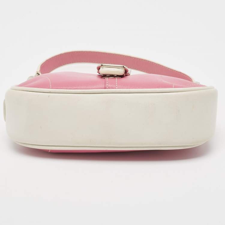 Pre Owned Coach Pink/White Leather Hampton Buckle Baguette Bag
