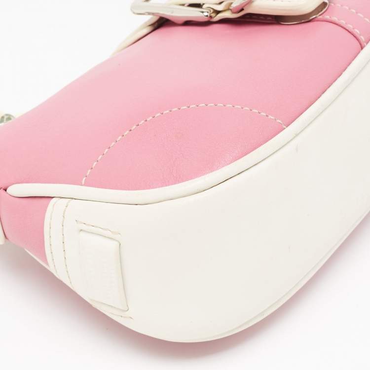 Pre Owned Coach Pink/White Leather Hampton Buckle Baguette Bag