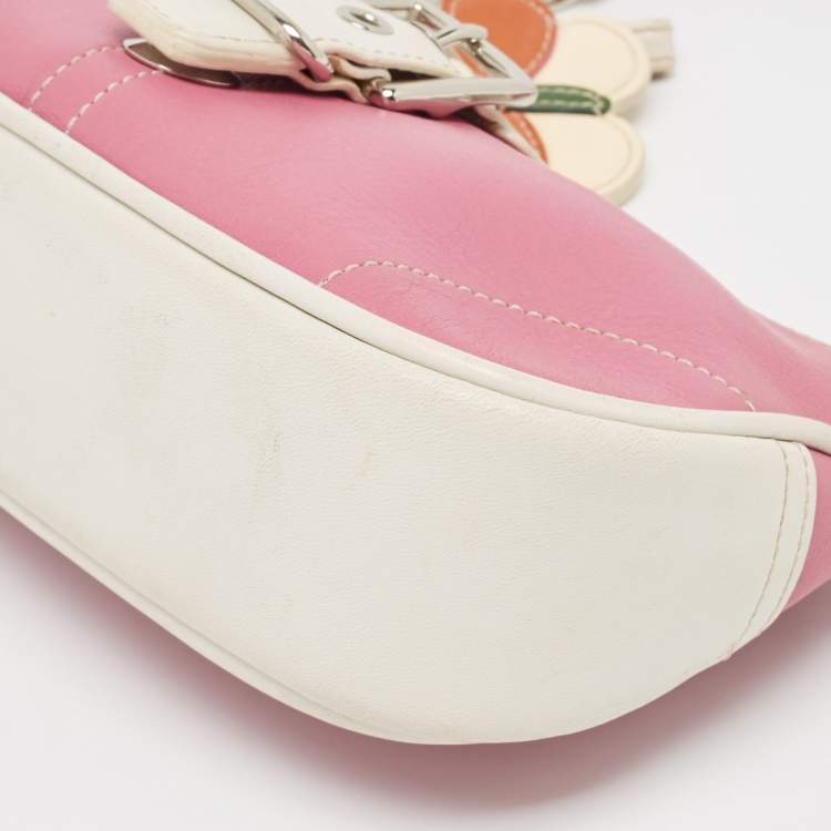 Pre Owned Coach Pink/White Leather Hampton Buckle Baguette Bag
