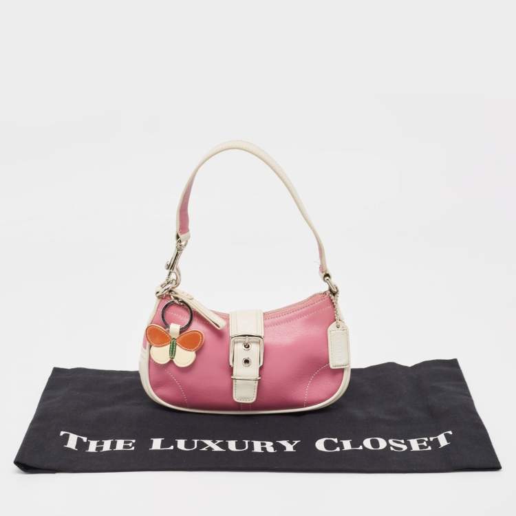 Pre Owned Coach Pink/White Leather Hampton Buckle Baguette Bag
