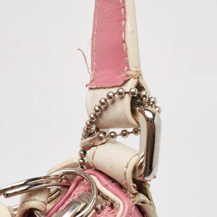 Pre Owned Coach Pink/White Leather Hampton Buckle Baguette Bag