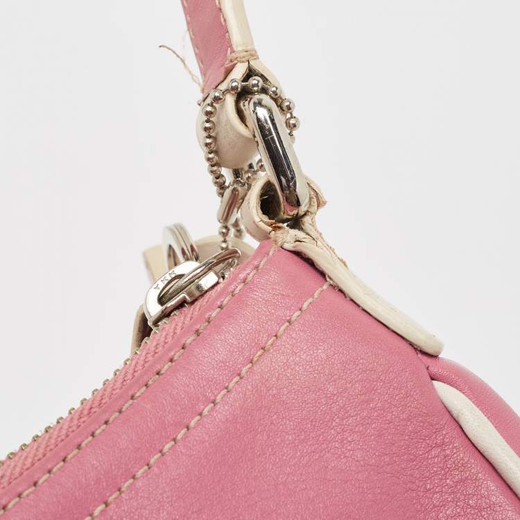Pre Owned Coach Pink/White Leather Hampton Buckle Baguette Bag