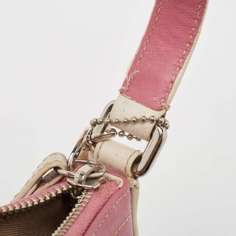 Pre Owned Coach Pink/White Leather Hampton Buckle Baguette Bag