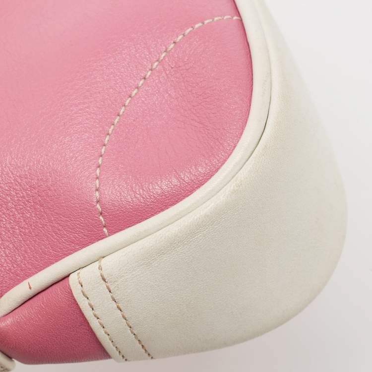 Pre Owned Coach Pink/White Leather Hampton Buckle Baguette Bag