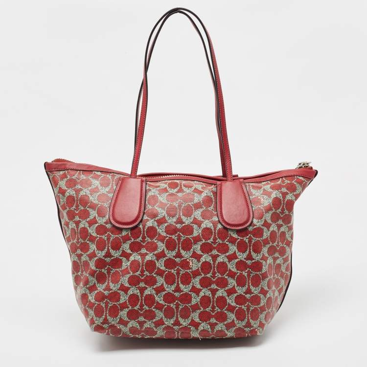 Pre Owned Coach Red/Grey Signature Coated Canvas and Leather Taxi Zip Tote