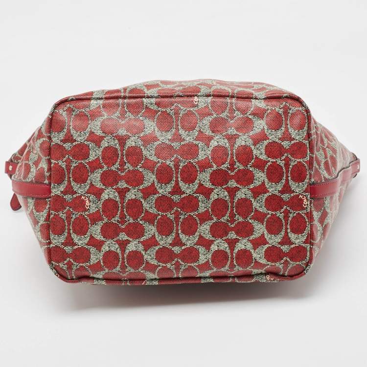 Pre Owned Coach Red/Grey Signature Coated Canvas and Leather Taxi Zip Tote