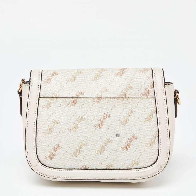 Pre Owned Coach Beige Horse Carriage Print Coated Canvas and Leather Crossbody Bag