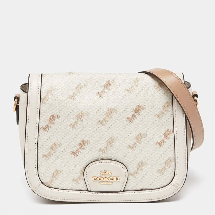 Pre Owned Coach Beige Horse Carriage Print Coated Canvas and Leather Crossbody Bag