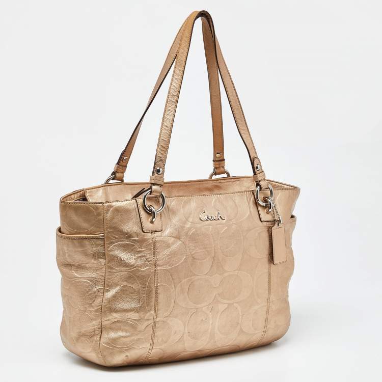 Pre Owned Coach Gold Signature Embossed Leather East West Gallery Tote