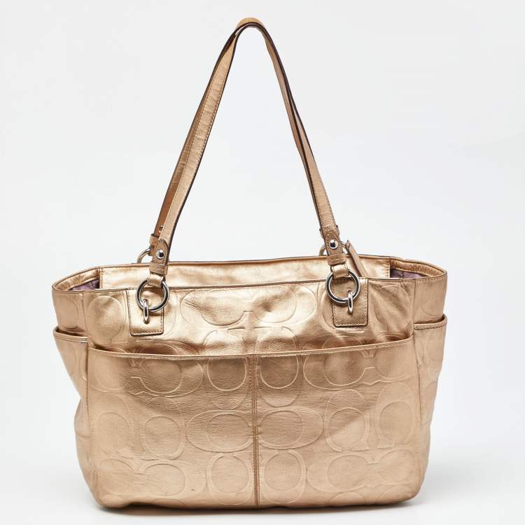 Pre Owned Coach Gold Signature Embossed Leather East West Gallery Tote
