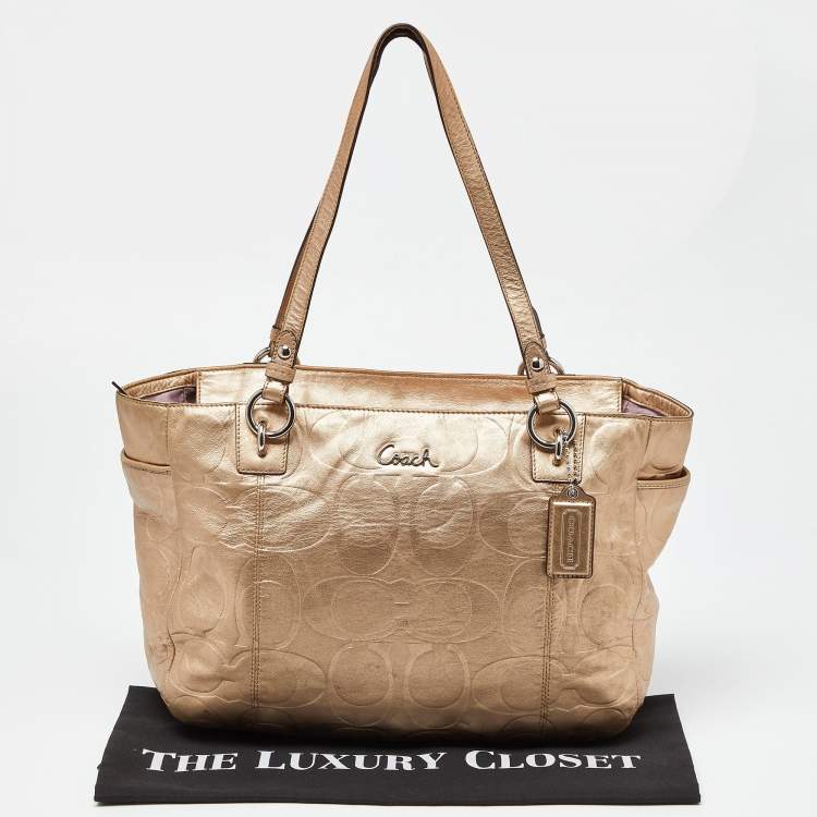 Pre Owned Coach Gold Signature Embossed Leather East West Gallery Tote