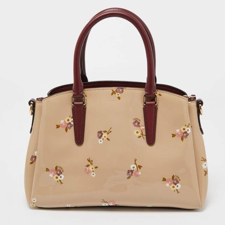 Pre Owned Coach Burgundy/Cream Floral Print Patent and Leather Mini Sage Carryall Satchel