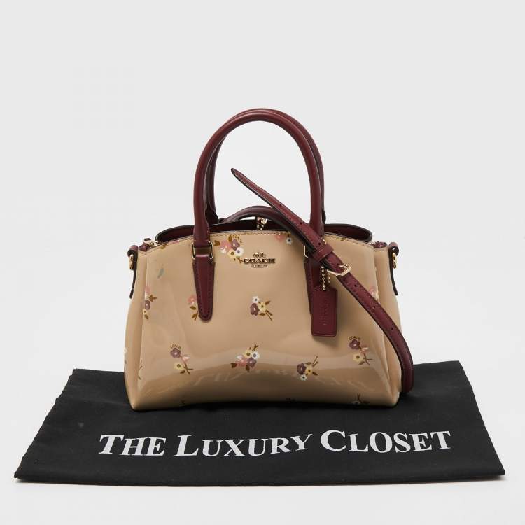 Pre Owned Coach Burgundy/Cream Floral Print Patent and Leather Mini Sage Carryall Satchel