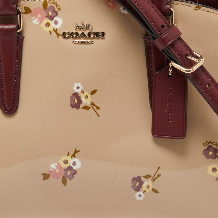 Pre Owned Coach Burgundy/Cream Floral Print Patent and Leather Mini Sage Carryall Satchel