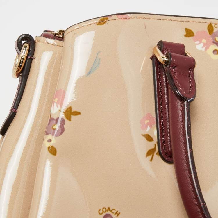 Pre Owned Coach Burgundy/Cream Floral Print Patent and Leather Mini Sage Carryall Satchel