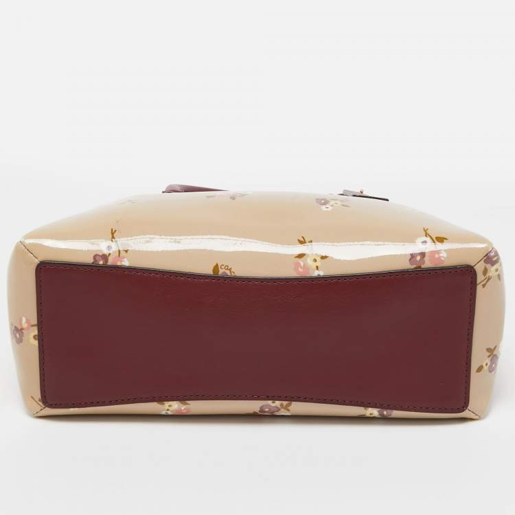 Pre Owned Coach Burgundy/Cream Floral Print Patent and Leather Mini Sage Carryall Satchel