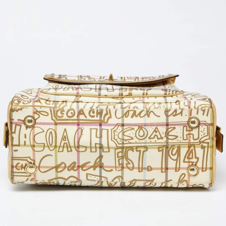 Pre Owned Coach Gold PVC and Leather Graffiti Tattersall Satchel