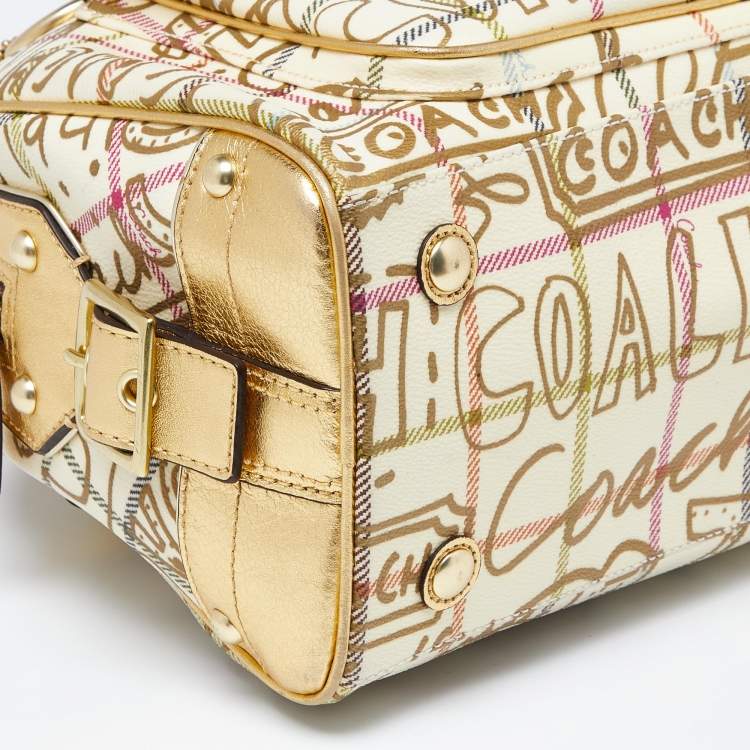 Pre Owned Coach Gold PVC and Leather Graffiti Tattersall Satchel