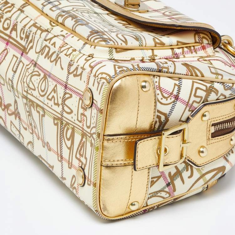 Pre Owned Coach Gold PVC and Leather Graffiti Tattersall Satchel