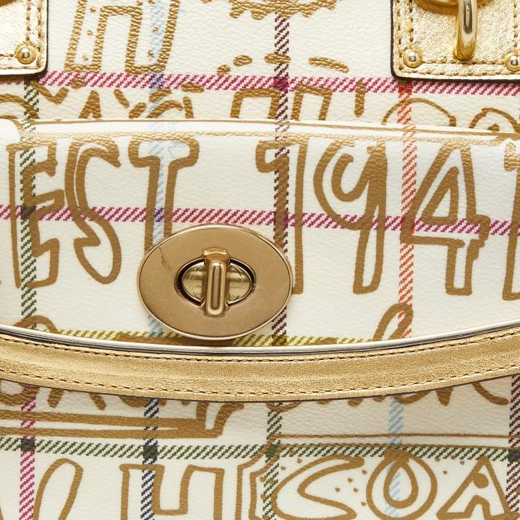 Pre Owned Coach Gold PVC and Leather Graffiti Tattersall Satchel