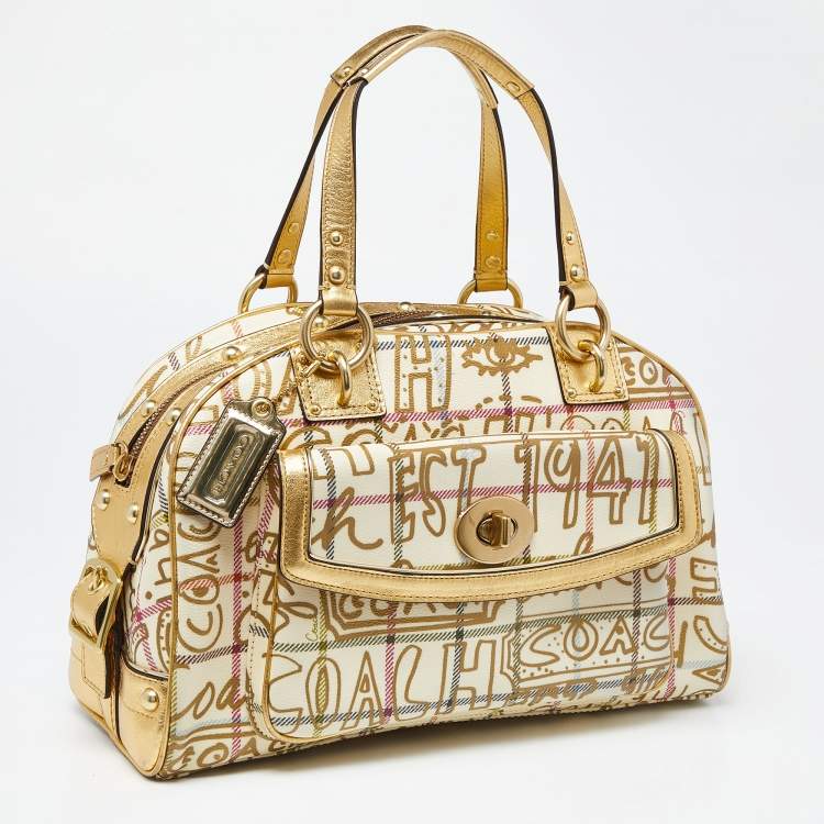 Pre Owned Coach Gold PVC and Leather Graffiti Tattersall Satchel