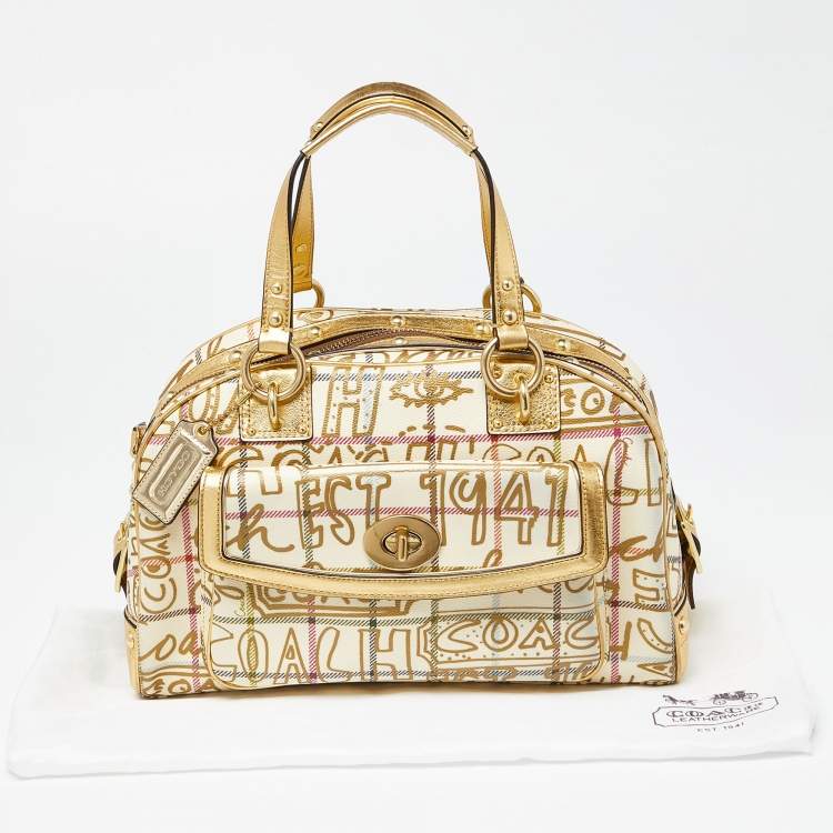 Pre Owned Coach Gold PVC and Leather Graffiti Tattersall Satchel