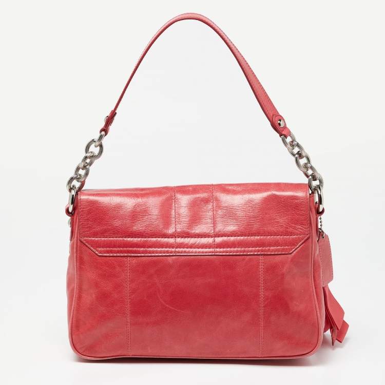 Pre Owned Coach Coral Pink Leather Poppy Flap Shoulder Bag