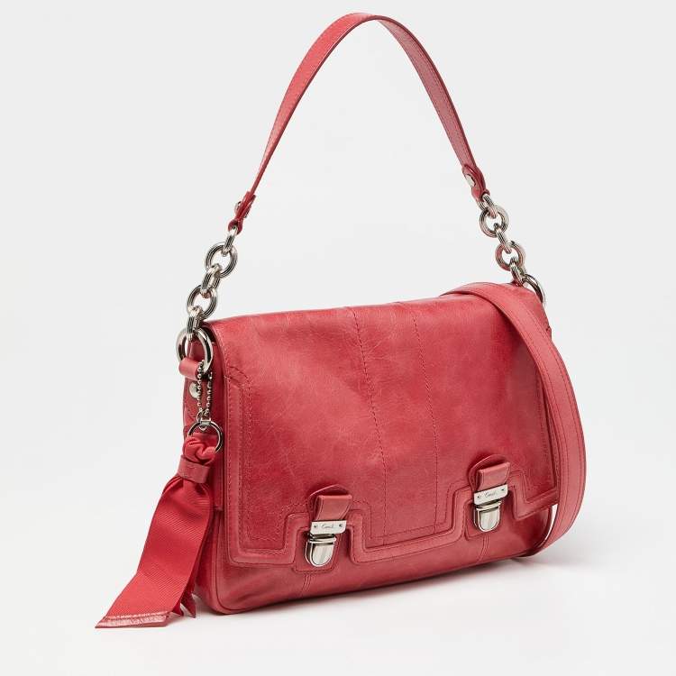 Pre Owned Coach Coral Pink Leather Poppy Flap Shoulder Bag