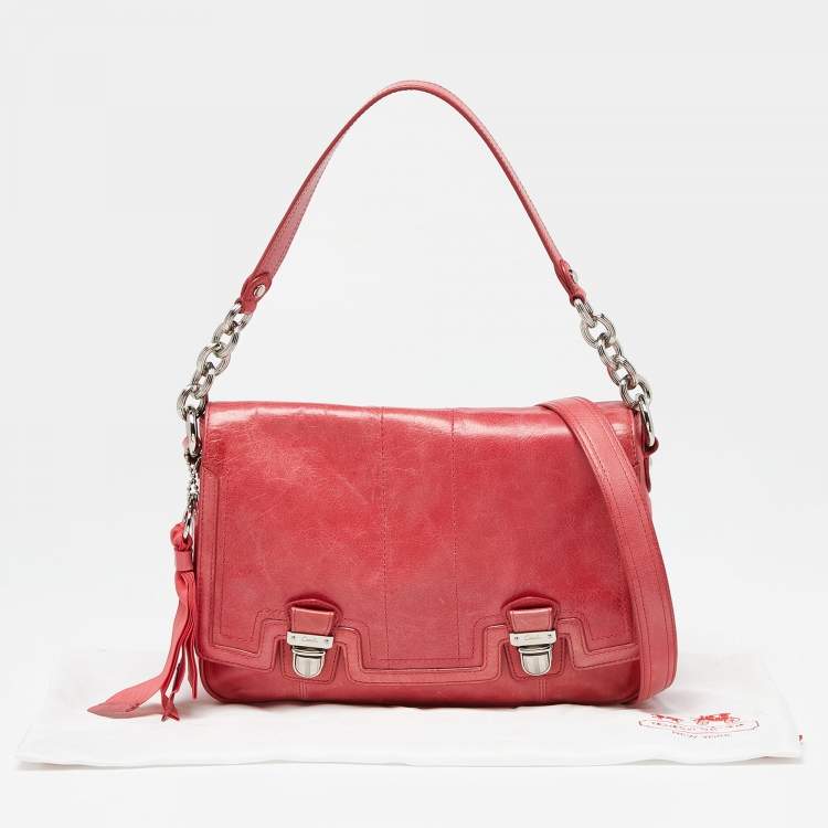 Pre Owned Coach Coral Pink Leather Poppy Flap Shoulder Bag