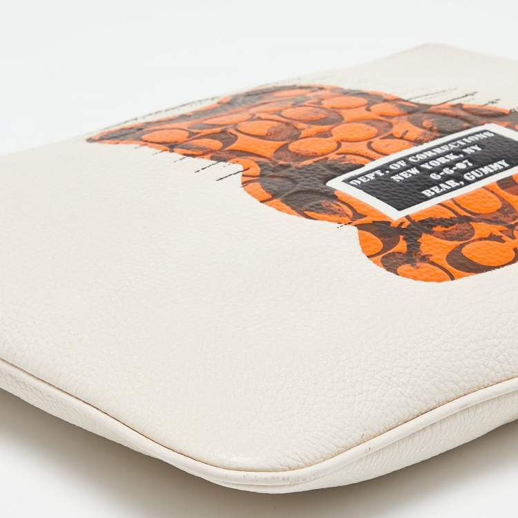 Pre Owned Coach Cream/Orange Signature Leather Gummy Bear Zip Pouch