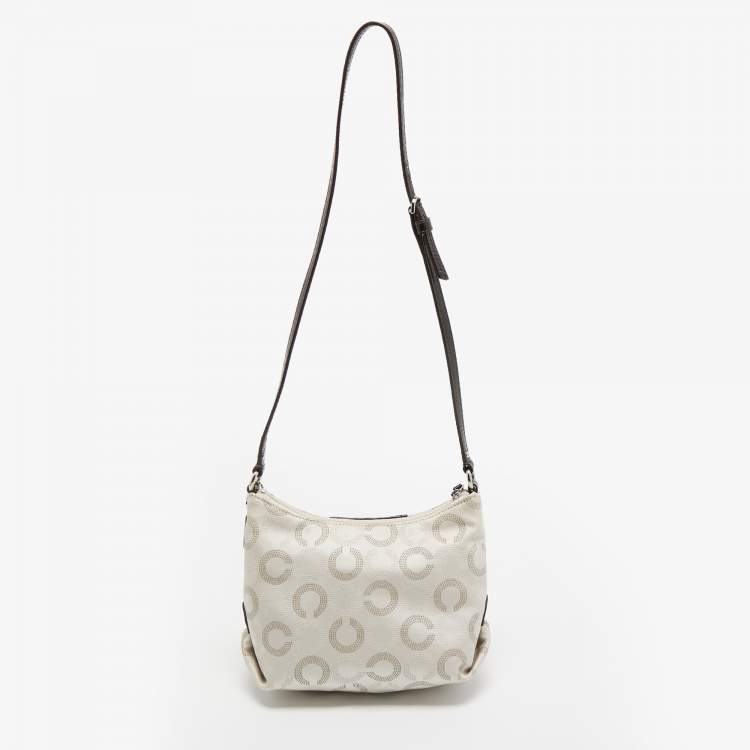 Pre Owned Coach Off White/Dark Brown Signature Fabric and Patent Leather Shoulder Bag